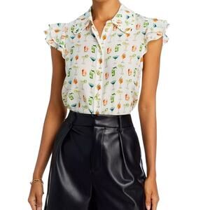 Alice + Olivia Martel Spirit Print Flutter Sleeve Silk Top Blouse Size XS